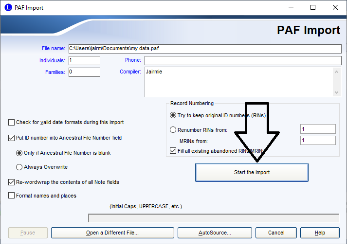 import a PAF file into legacy