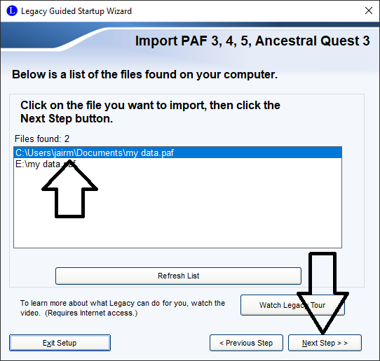 import a PAF file into legacy