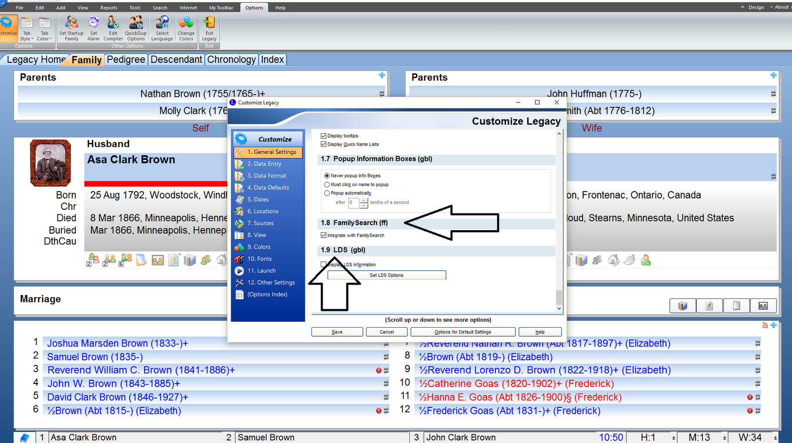 turn on FamilySearch options in Legacy